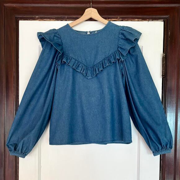 Ungrid Japanese Denim Ruffle Blouse- Size Medium, Boho Chic - Picture 1 of 5
